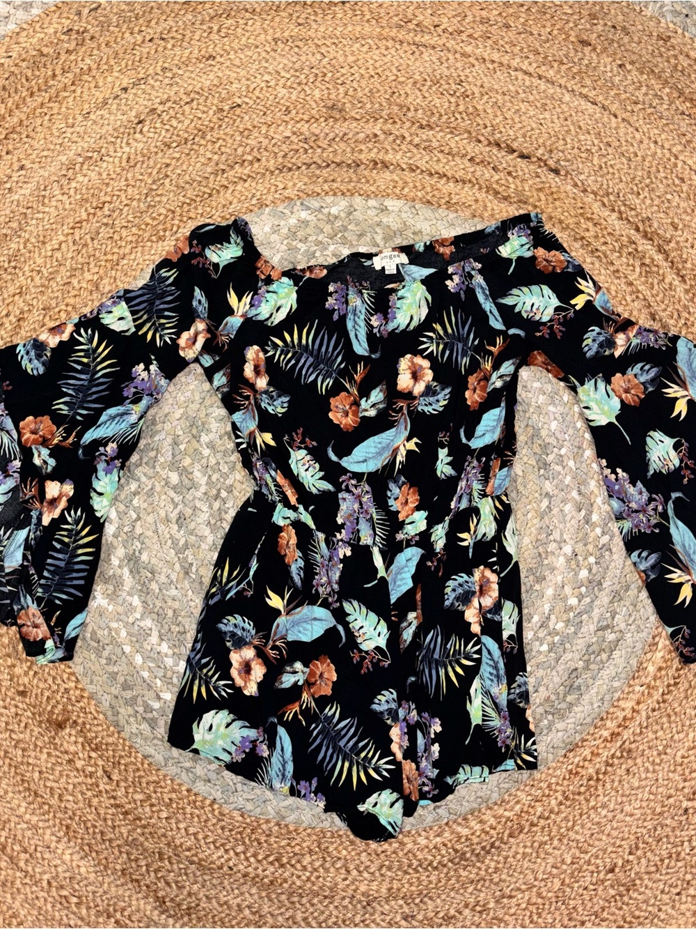 Umgee Navy Blue Tropical Floral Off-Shoulder Women’s Romper